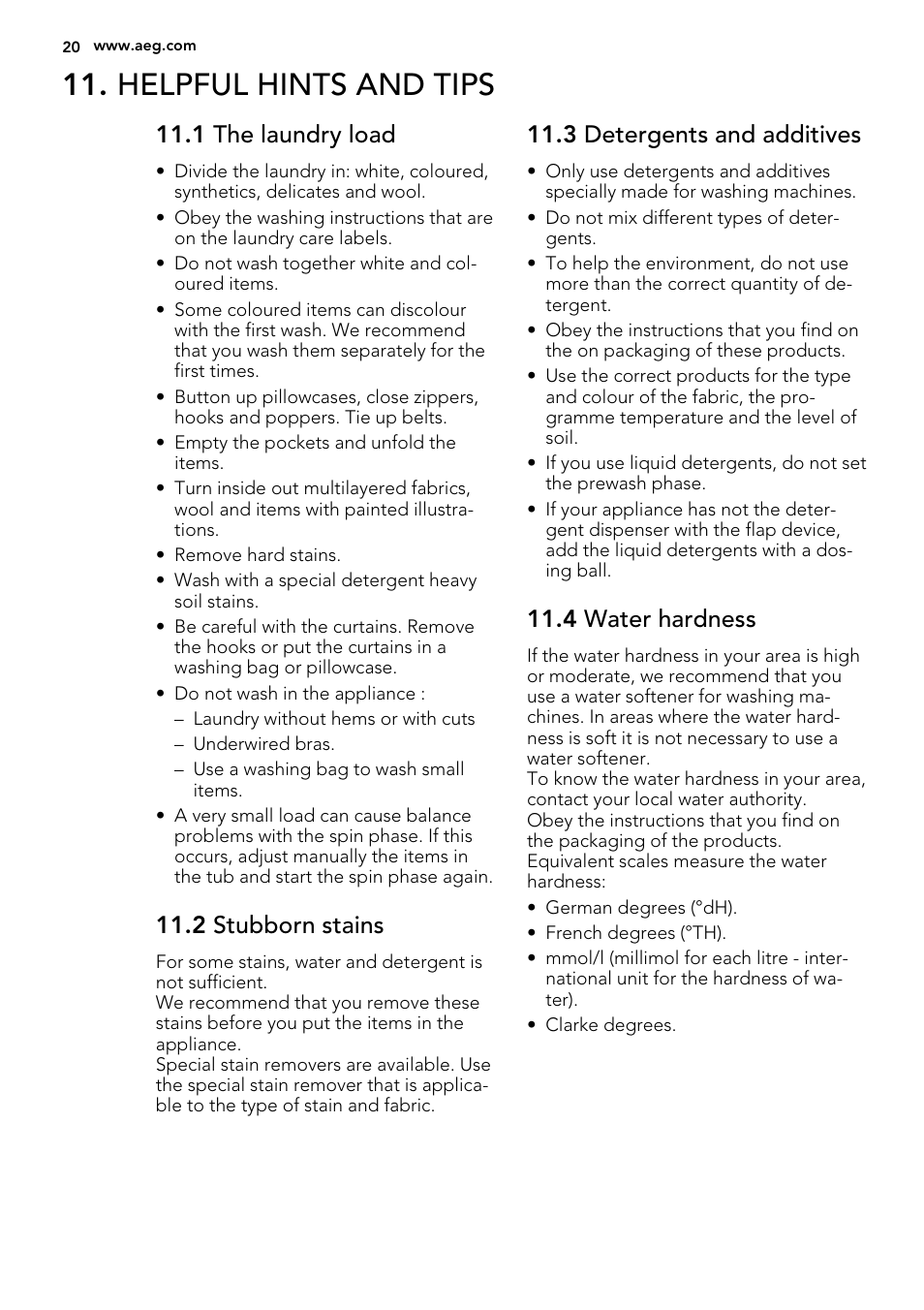 Helpful hints and tips, 1 the laundry load, 2 stubborn stains | 3 detergents and additives, 4 water hardness | AEG L75480WD User Manual | Page 20 / 40