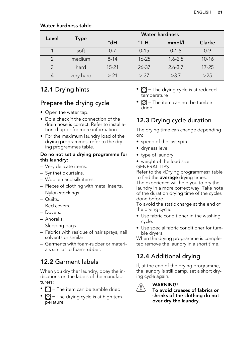 1 drying hints prepare the drying cycle, 2 garment labels, 3 drying cycle duration | 4 additional drying | AEG L75480WD User Manual | Page 21 / 40