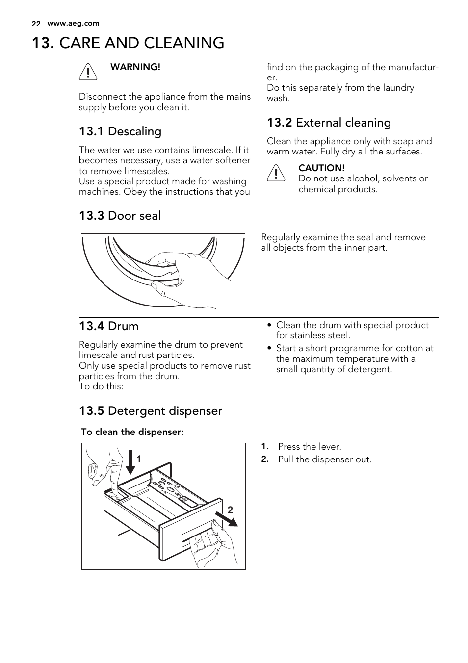 Care and cleaning, 1 descaling, 2 external cleaning | 3 door seal, 4 drum, 5 detergent dispenser | AEG L75480WD User Manual | Page 22 / 40