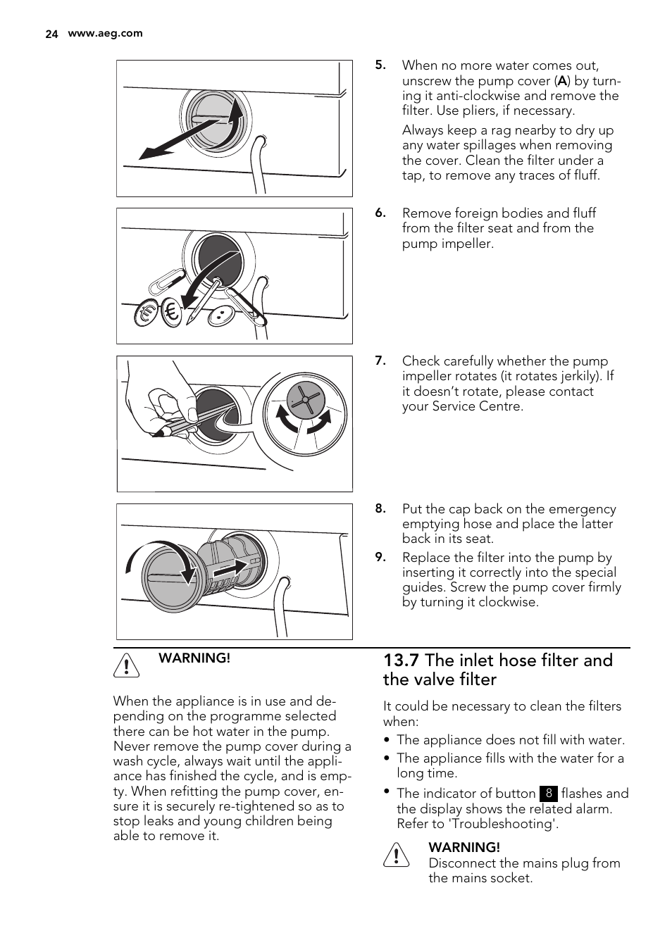 7 the inlet hose filter and the valve filter | AEG L75480WD User Manual | Page 24 / 40