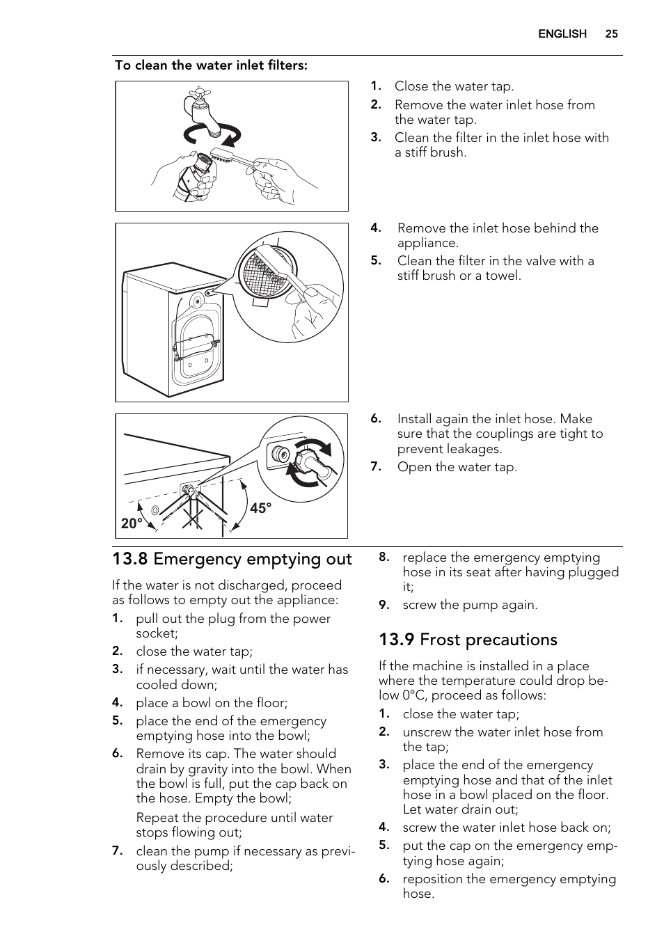 8 emergency emptying out, 9 frost precautions | AEG L75480WD User Manual | Page 25 / 40