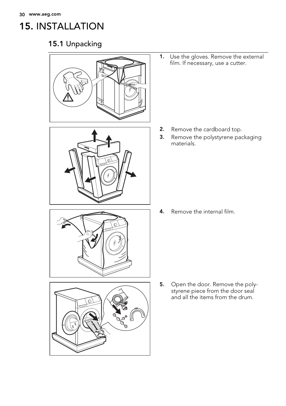 Installation, 1 unpacking | AEG L75480WD User Manual | Page 30 / 40