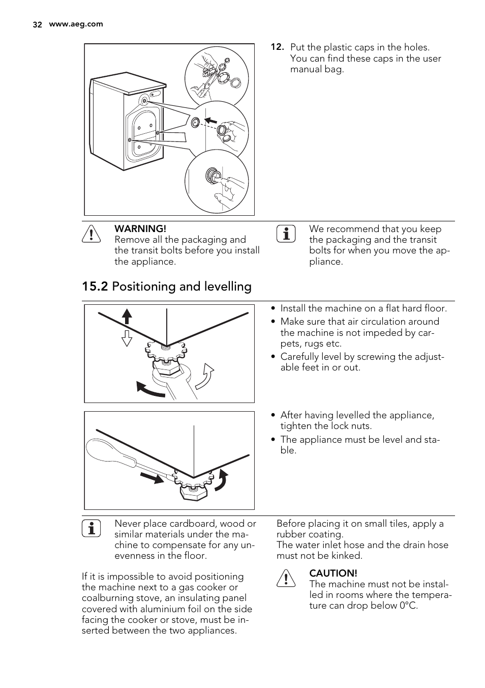 2 positioning and levelling | AEG L75480WD User Manual | Page 32 / 40