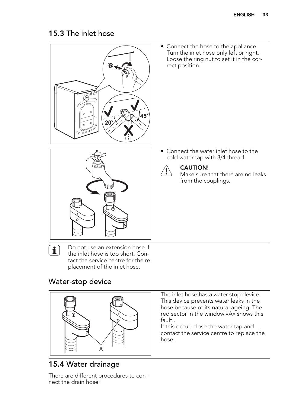 3 the inlet hose, Water-stop device, 4 water drainage | AEG L75480WD User Manual | Page 33 / 40