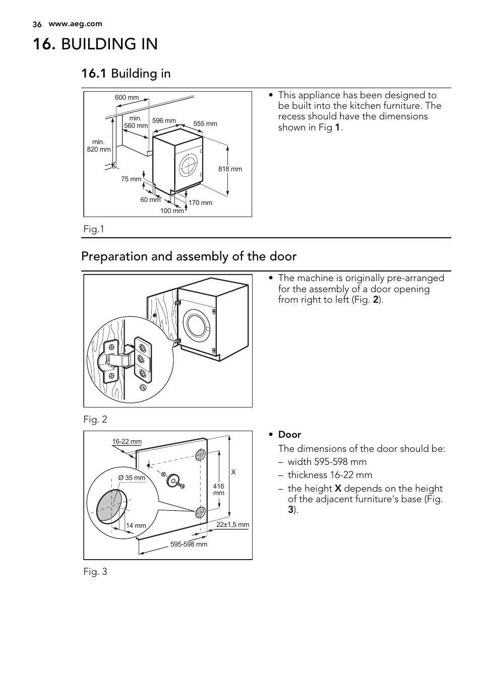 Building in, 1 building in, Preparation and assembly of the door | AEG L75480WD User Manual | Page 36 / 40