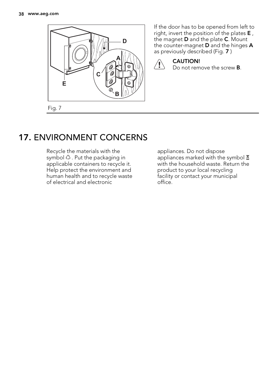 Environment concerns | AEG L75480WD User Manual | Page 38 / 40