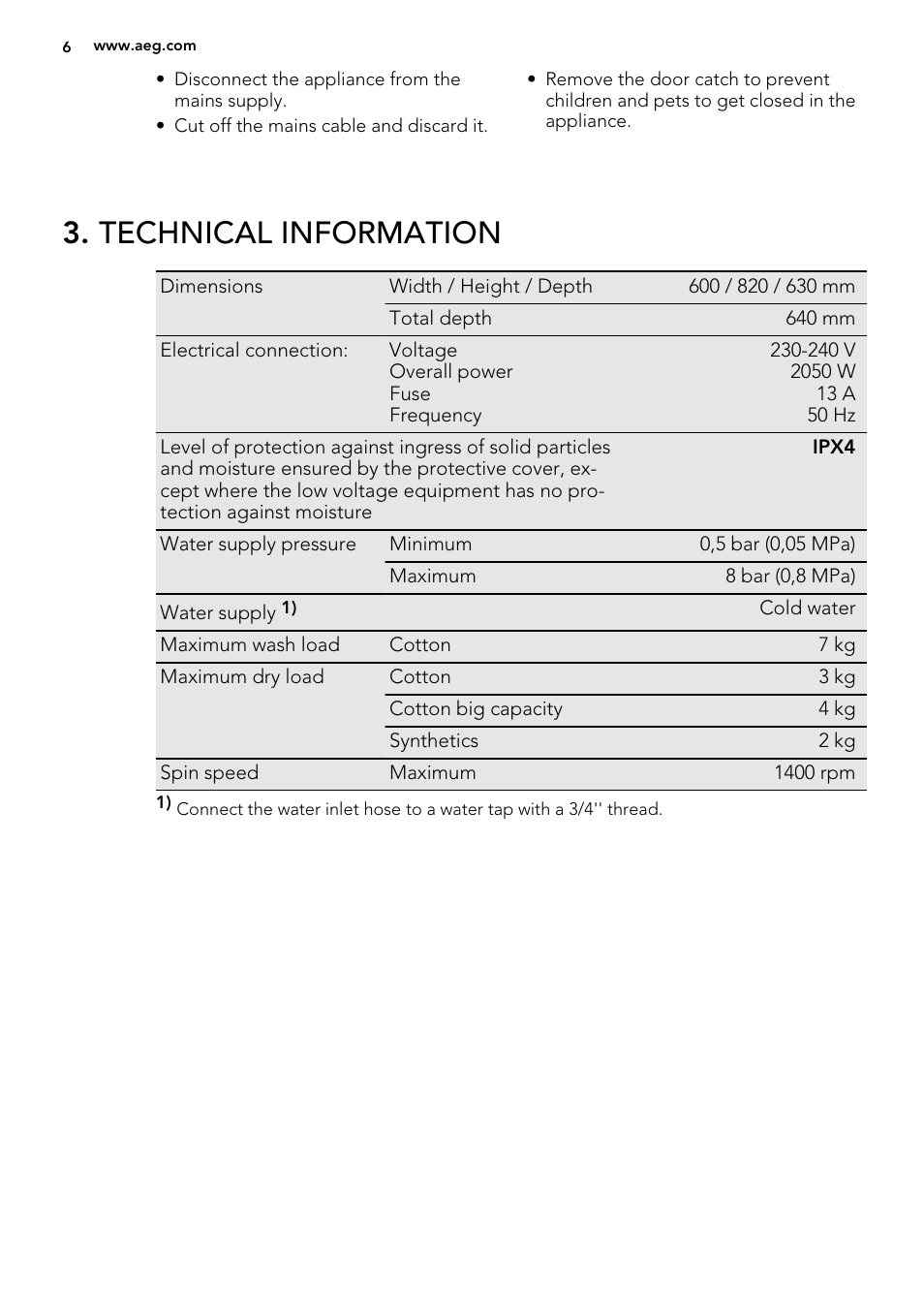 Technical information | AEG L75480WD User Manual | Page 6 / 40