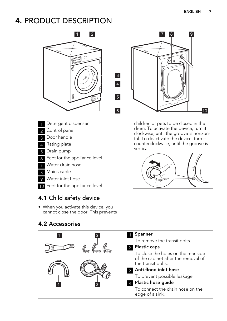 Product description, 1 child safety device, 2 accessories | AEG L75480WD User Manual | Page 7 / 40