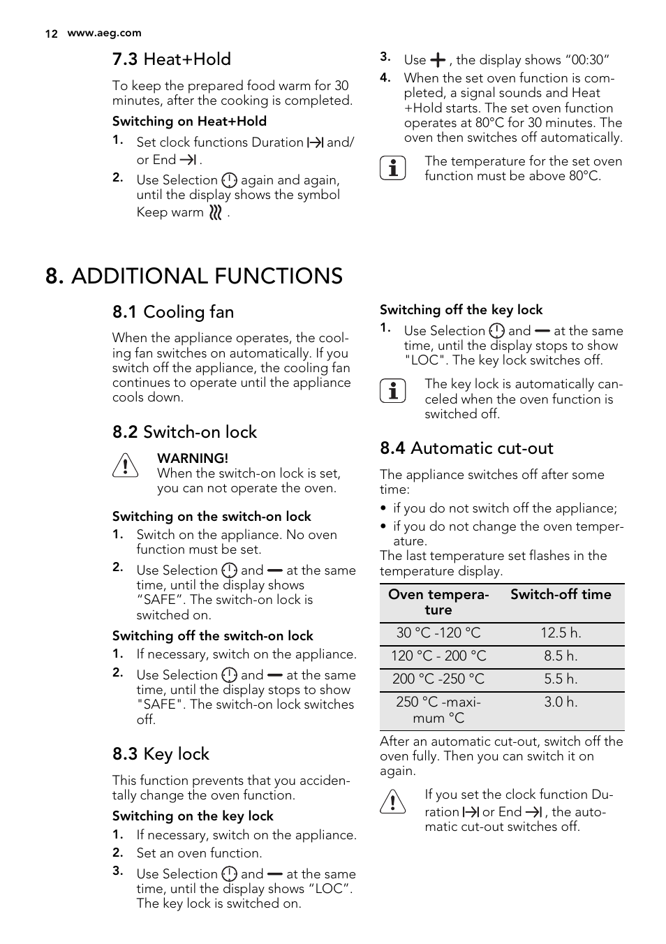 Additional functions, 3 heat+hold, 1 cooling fan | 2 switch-on lock, 3 key lock, 4 automatic cut-out | AEG DE4003000B User Manual | Page 12 / 36