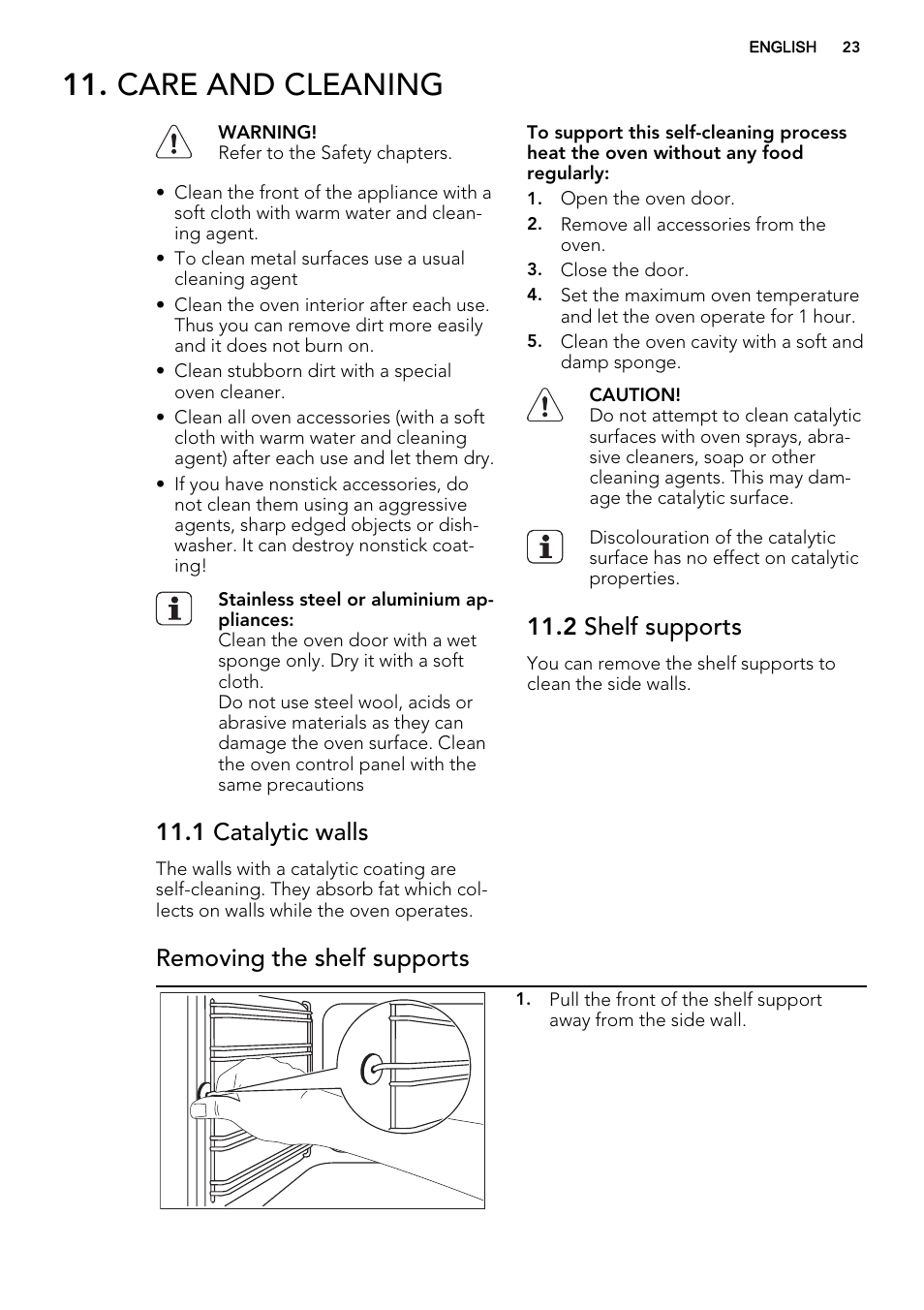 Care and cleaning, 1 catalytic walls, 2 shelf supports | Removing the shelf supports | AEG DE4003000B User Manual | Page 23 / 36