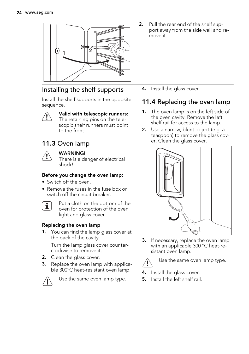 Installing the shelf supports, 3 oven lamp, 4 replacing the oven lamp | AEG DE4003000B User Manual | Page 24 / 36