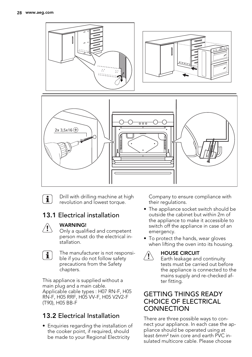 1 electrical installation, 2 electrical installation | AEG DE4003000B User Manual | Page 28 / 36