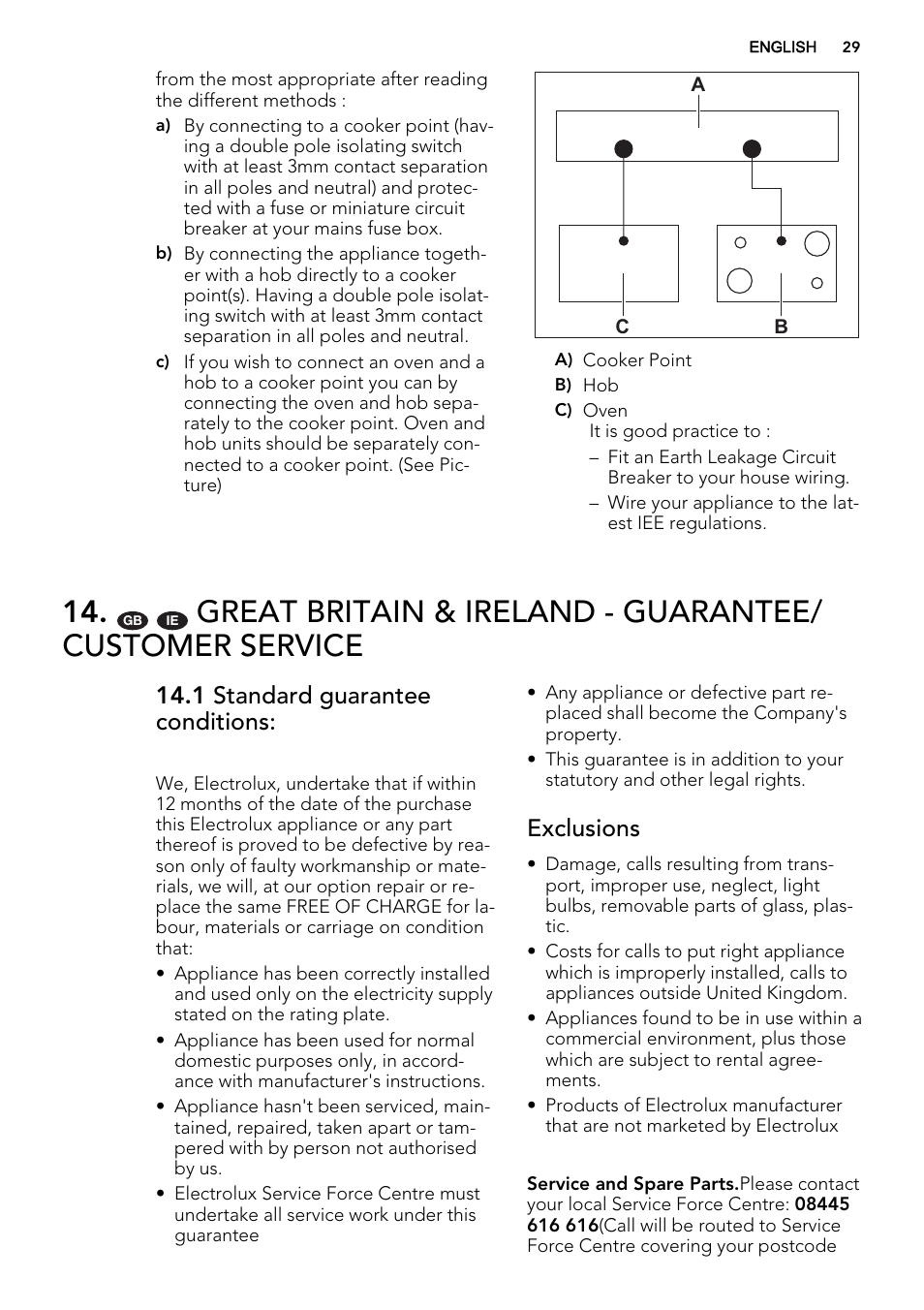 1 standard guarantee conditions, Exclusions | AEG DE4003000B User Manual | Page 29 / 36