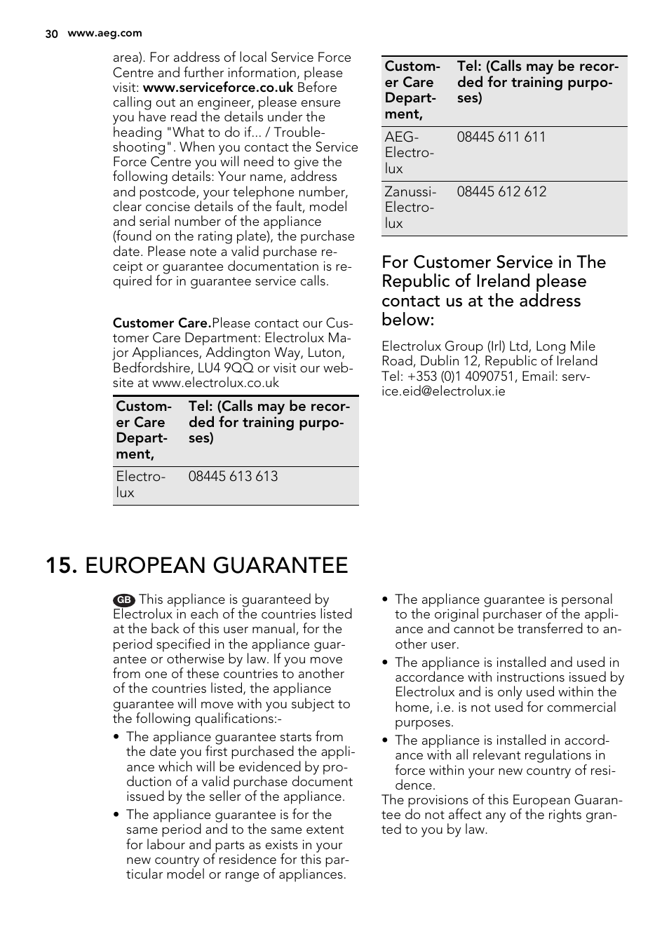 European guarantee | AEG DE4003000B User Manual | Page 30 / 36