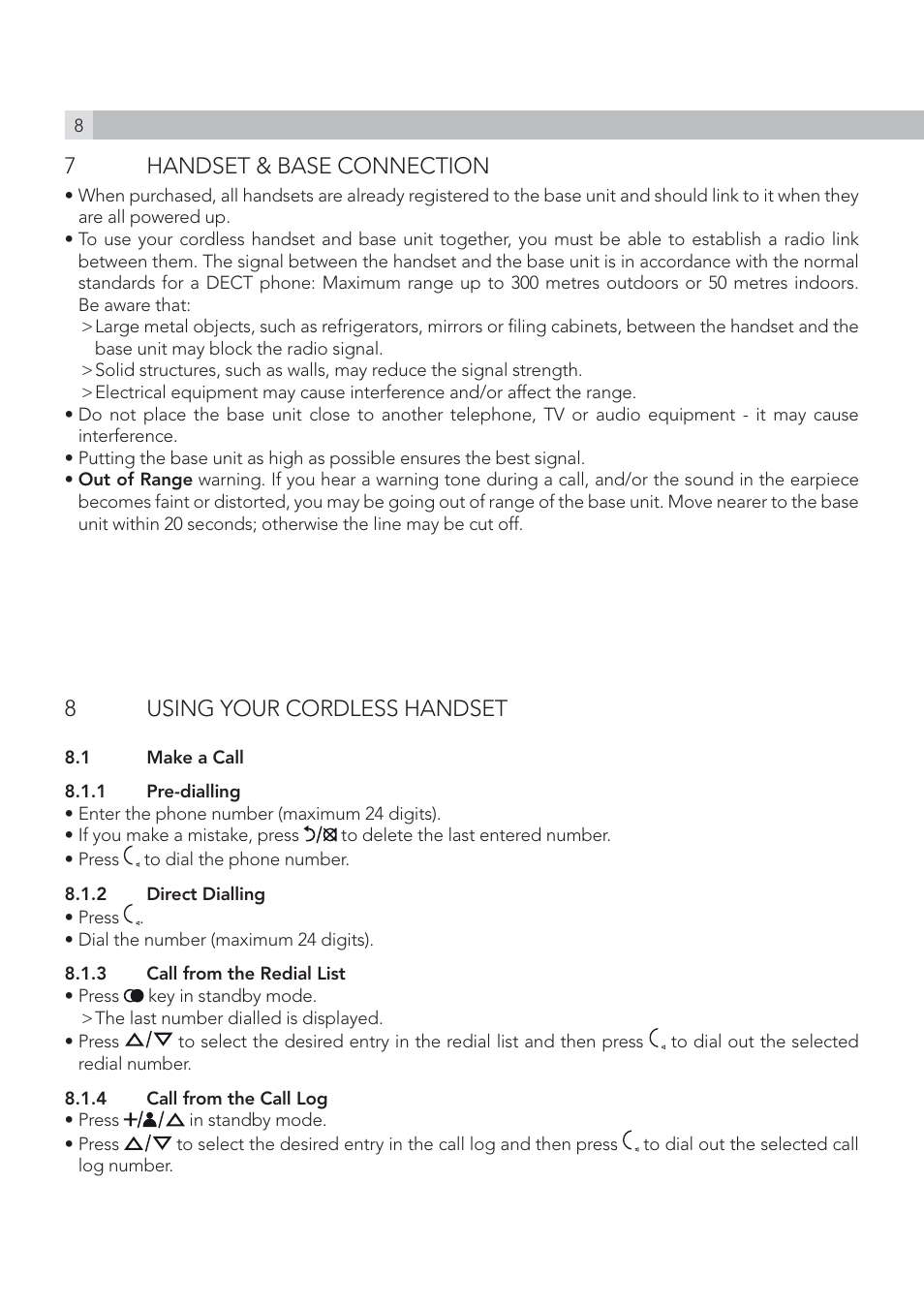 7handset & base connection, 8using your cordless handset | AEG Solo combo 15 User Manual | Page 10 / 42