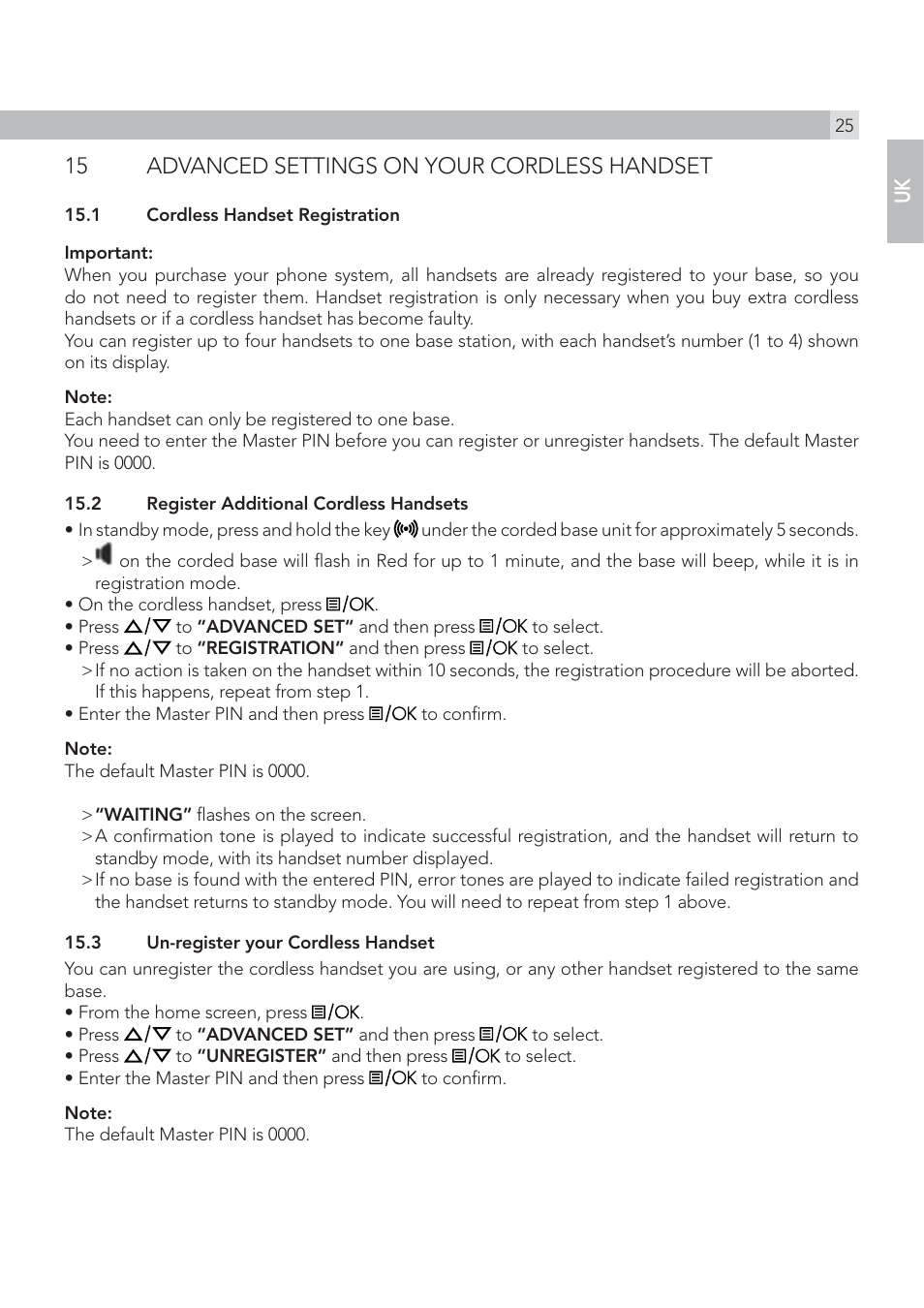 15 advanced settings on your cordless handset | AEG Solo combo 15 User Manual | Page 27 / 42
