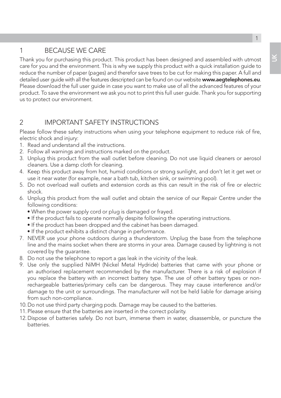1because we care, 2important safety instructions | AEG Solo combo 15 User Manual | Page 3 / 42