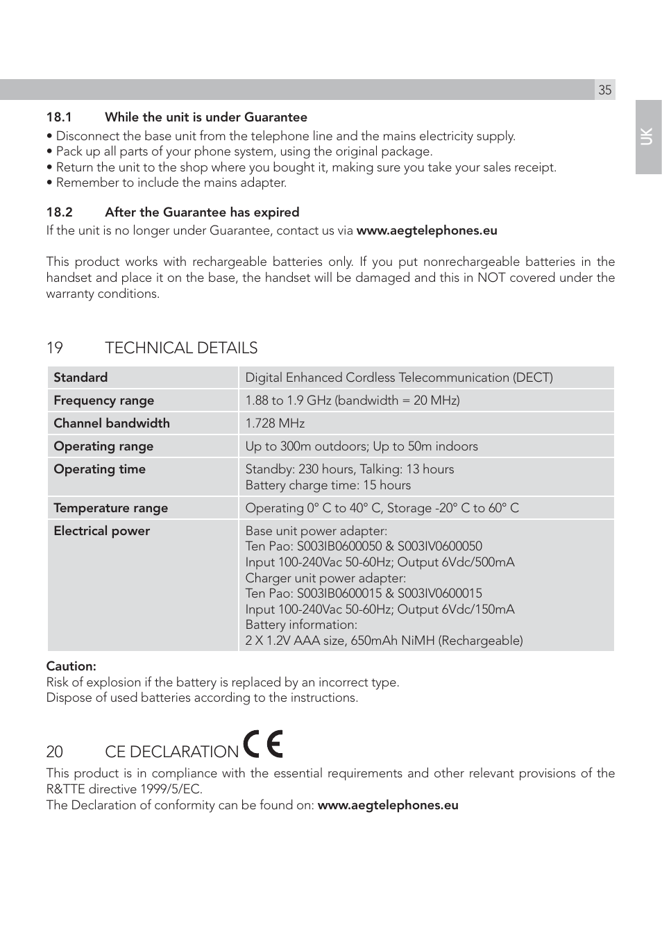 19 technical details, 20 ce declaration | AEG Solo combo 15 User Manual | Page 37 / 42