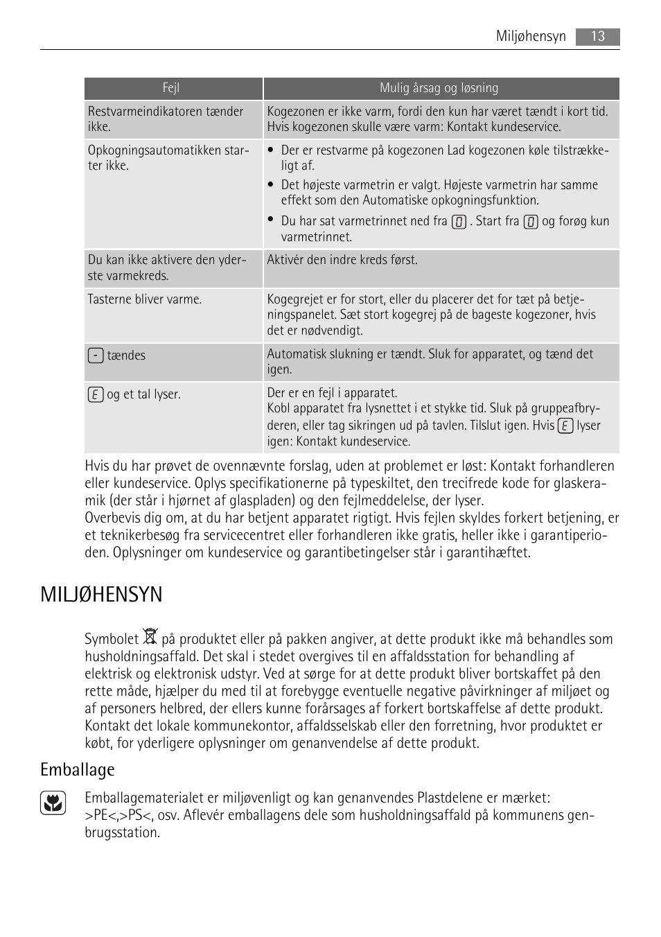 Miljøhensyn, Emballage | AEG HK764070FB User Manual | Page 13 / 28