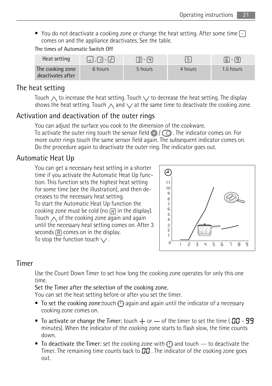 The heat setting, Activation and deactivation of the outer rings, Automatic heat up | Timer | AEG HK764070FB User Manual | Page 21 / 28