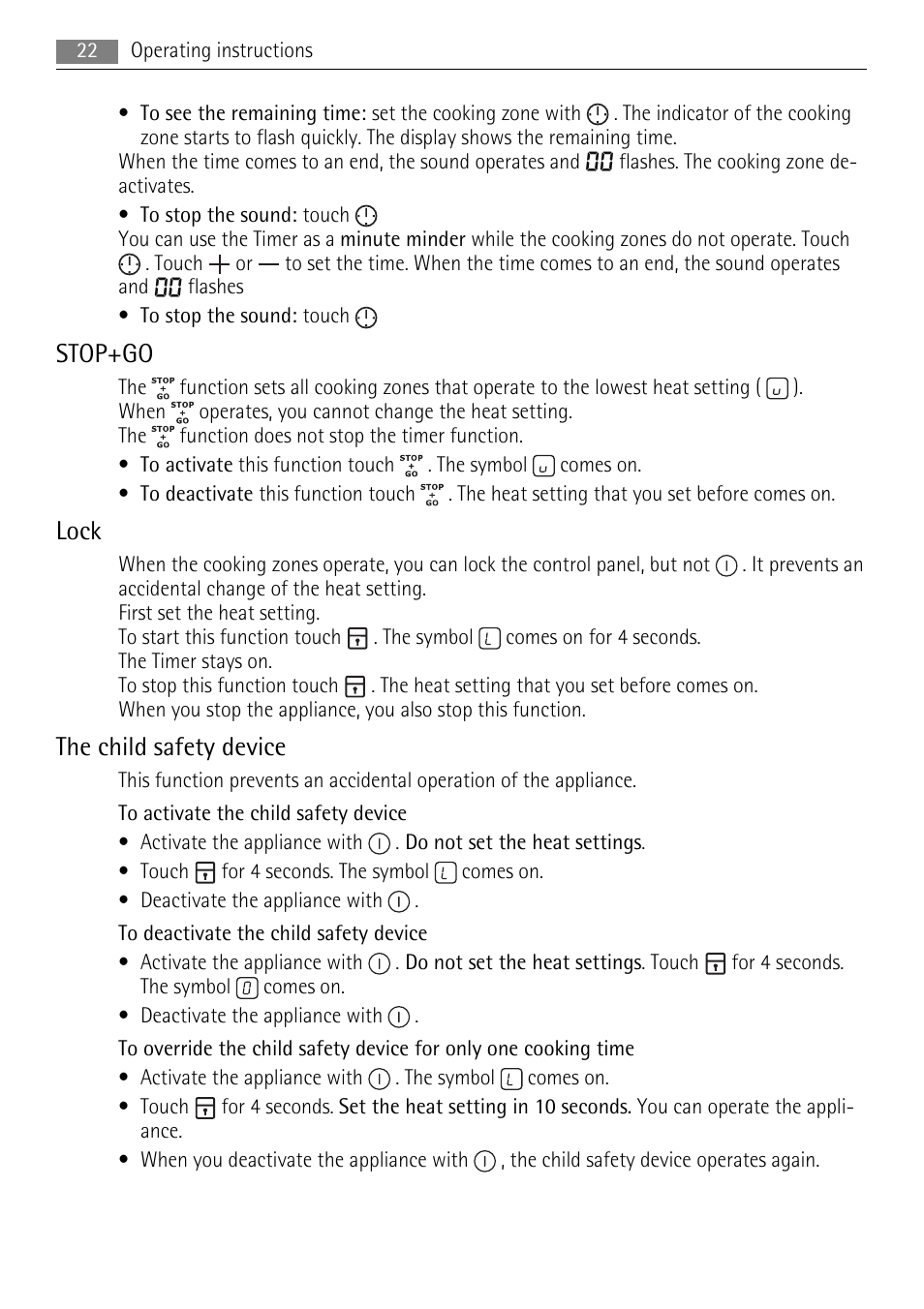 Stop+go, Lock, The child safety device | AEG HK764070FB User Manual | Page 22 / 28