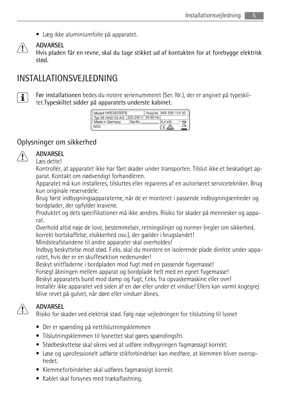 Installationsvejledning, Oplysninger om sikkerhed | AEG HK764070FB User Manual | Page 5 / 28