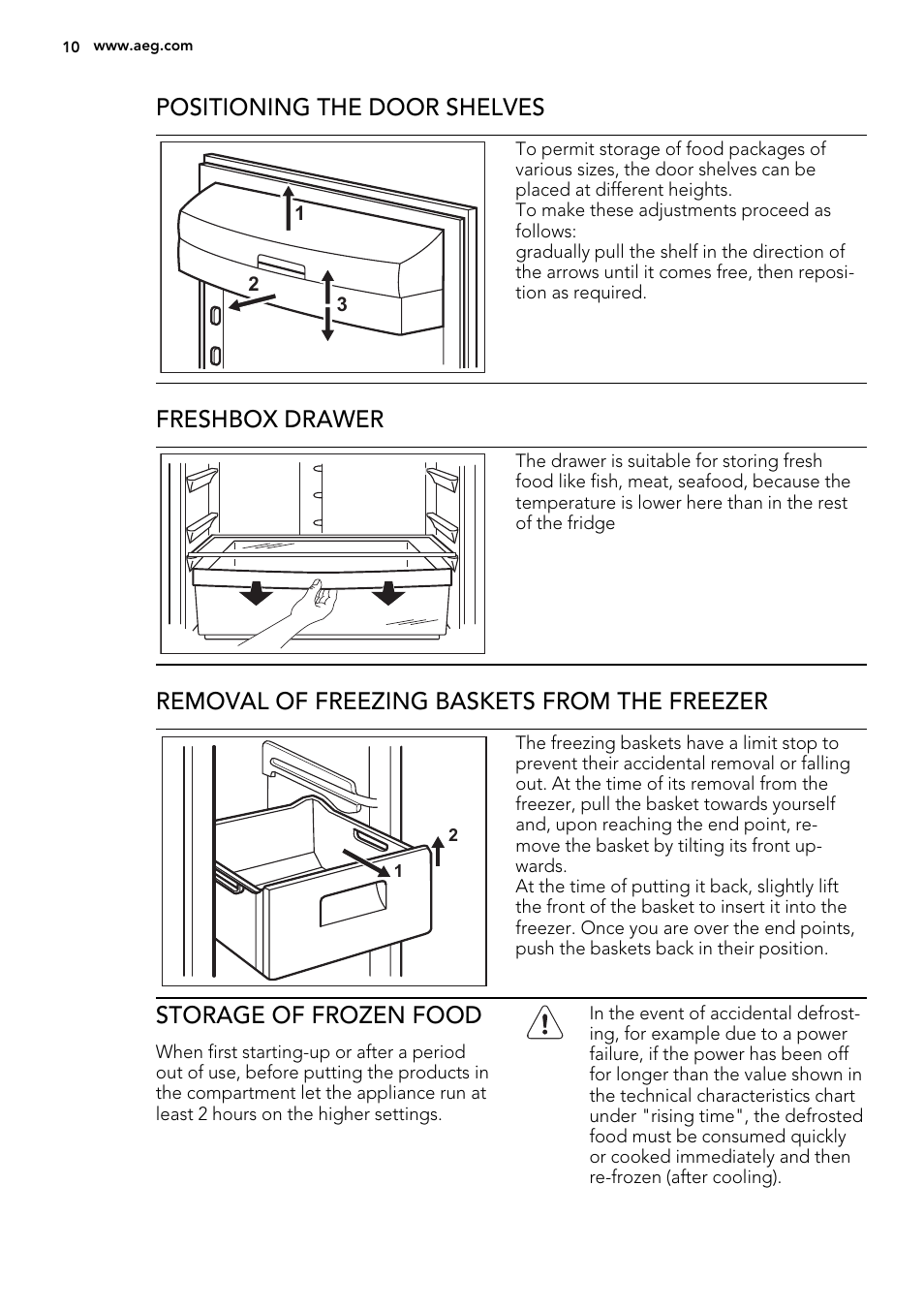 Positioning the door shelves, Freshbox drawer, Removal of freezing baskets from the freezer | Storage of frozen food | AEG S63300KDW0 User Manual | Page 10 / 24