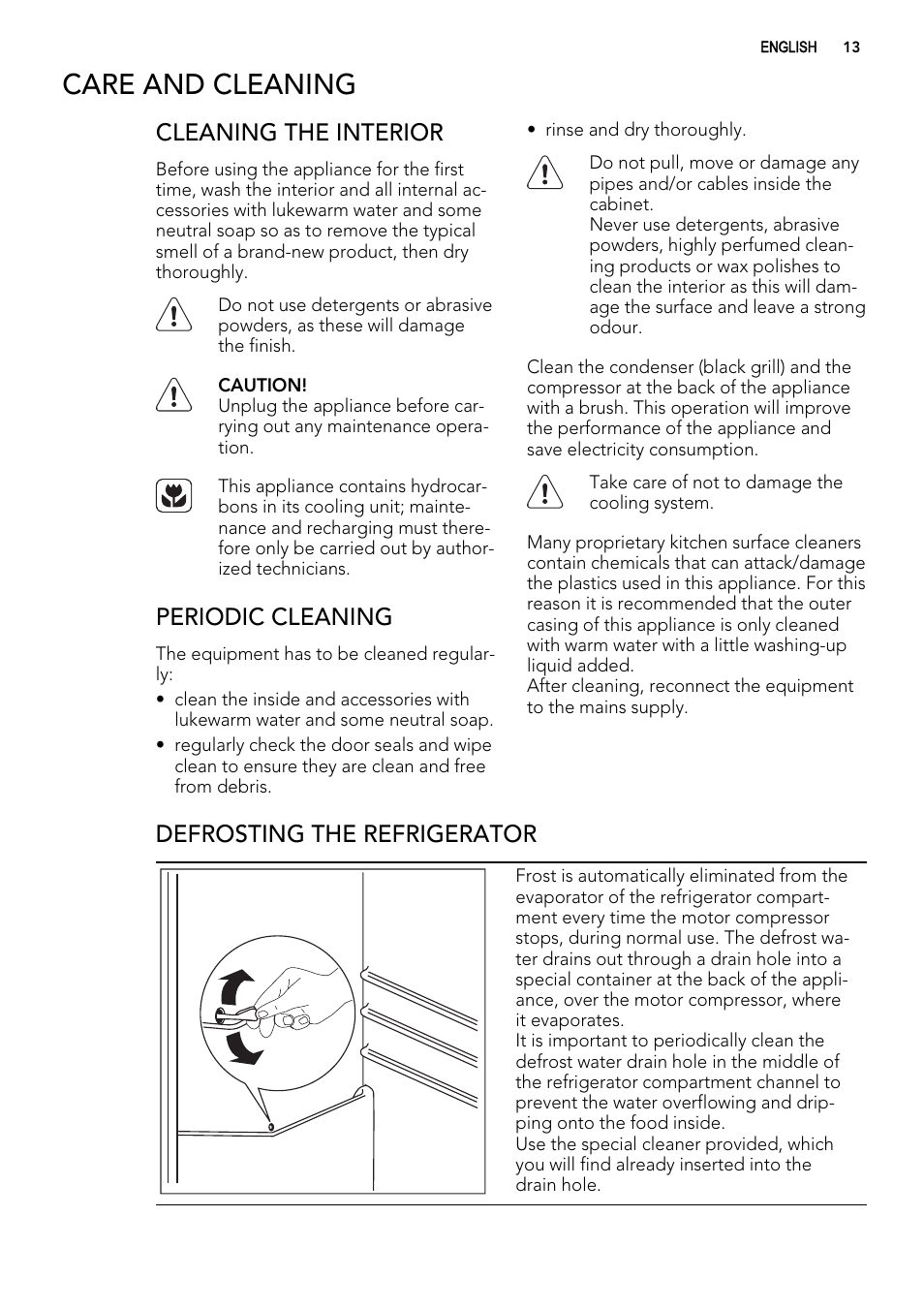 Care and cleaning, Cleaning the interior, Periodic cleaning | Defrosting the refrigerator | AEG S63300KDW0 User Manual | Page 13 / 24