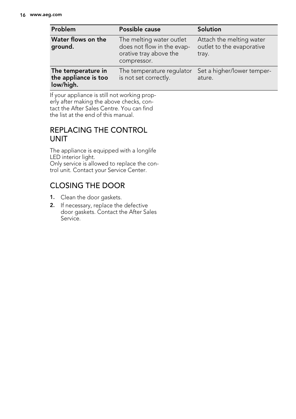 Replacing the control unit, Closing the door | AEG S63300KDW0 User Manual | Page 16 / 24