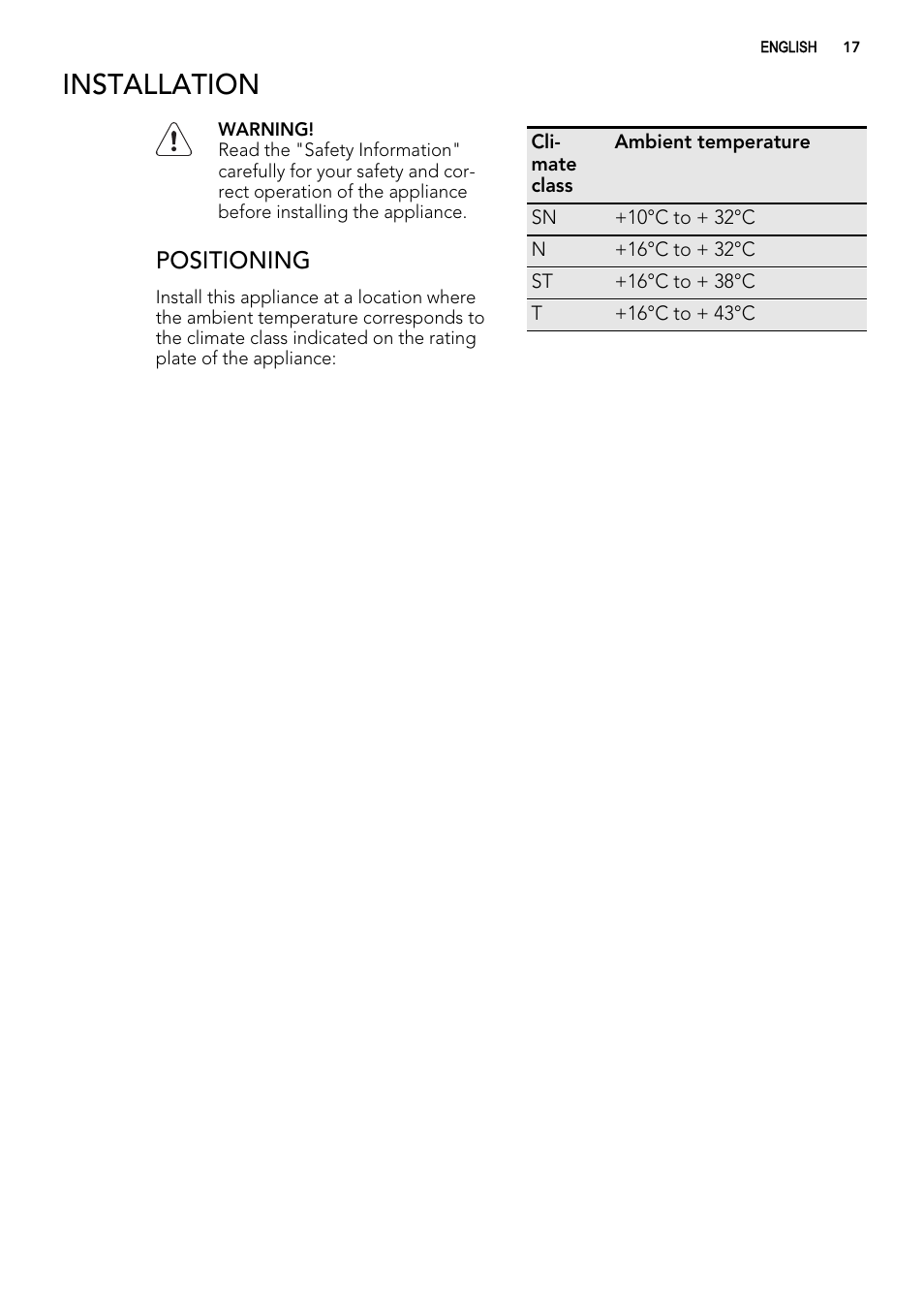 Installation, Positioning | AEG S63300KDW0 User Manual | Page 17 / 24