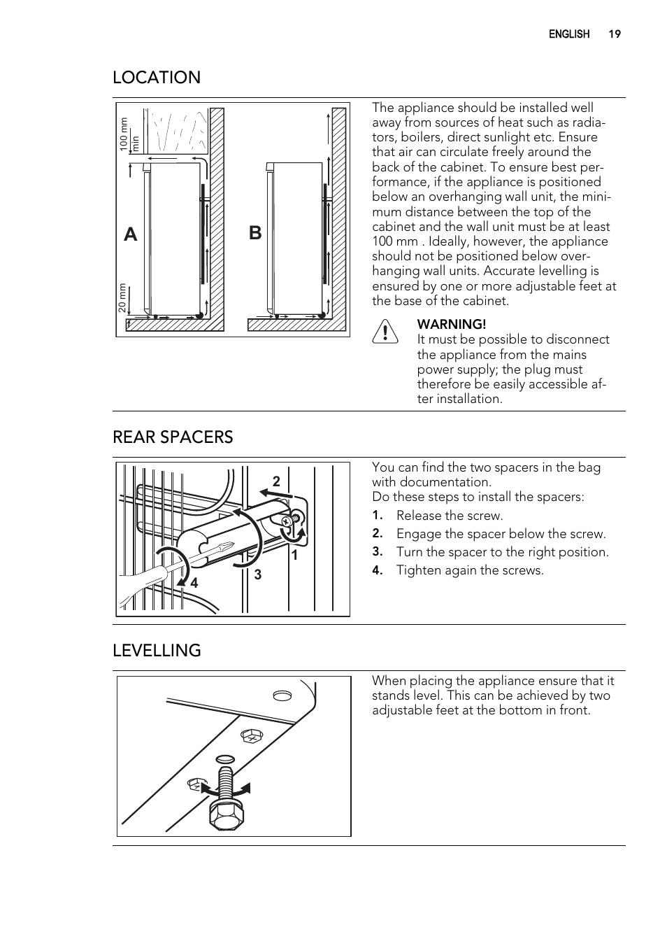 Location, Rear spacers, Levelling | AEG S63300KDW0 User Manual | Page 19 / 24