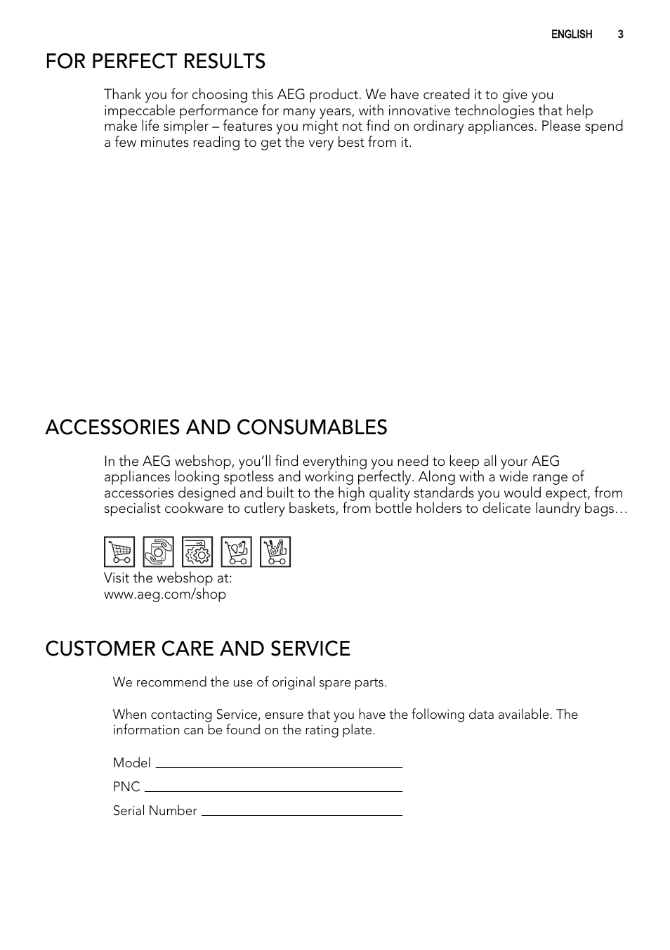 For perfect results, Accessories and consumables, Customer care and service | AEG S63300KDW0 User Manual | Page 3 / 24