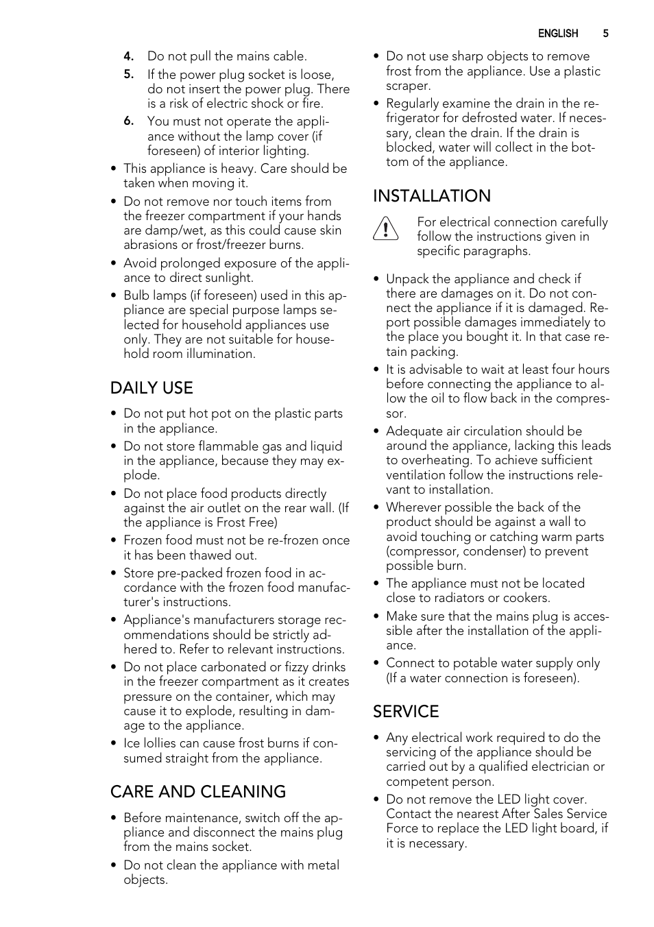 Daily use, Care and cleaning, Installation | Service | AEG S63300KDW0 User Manual | Page 5 / 24