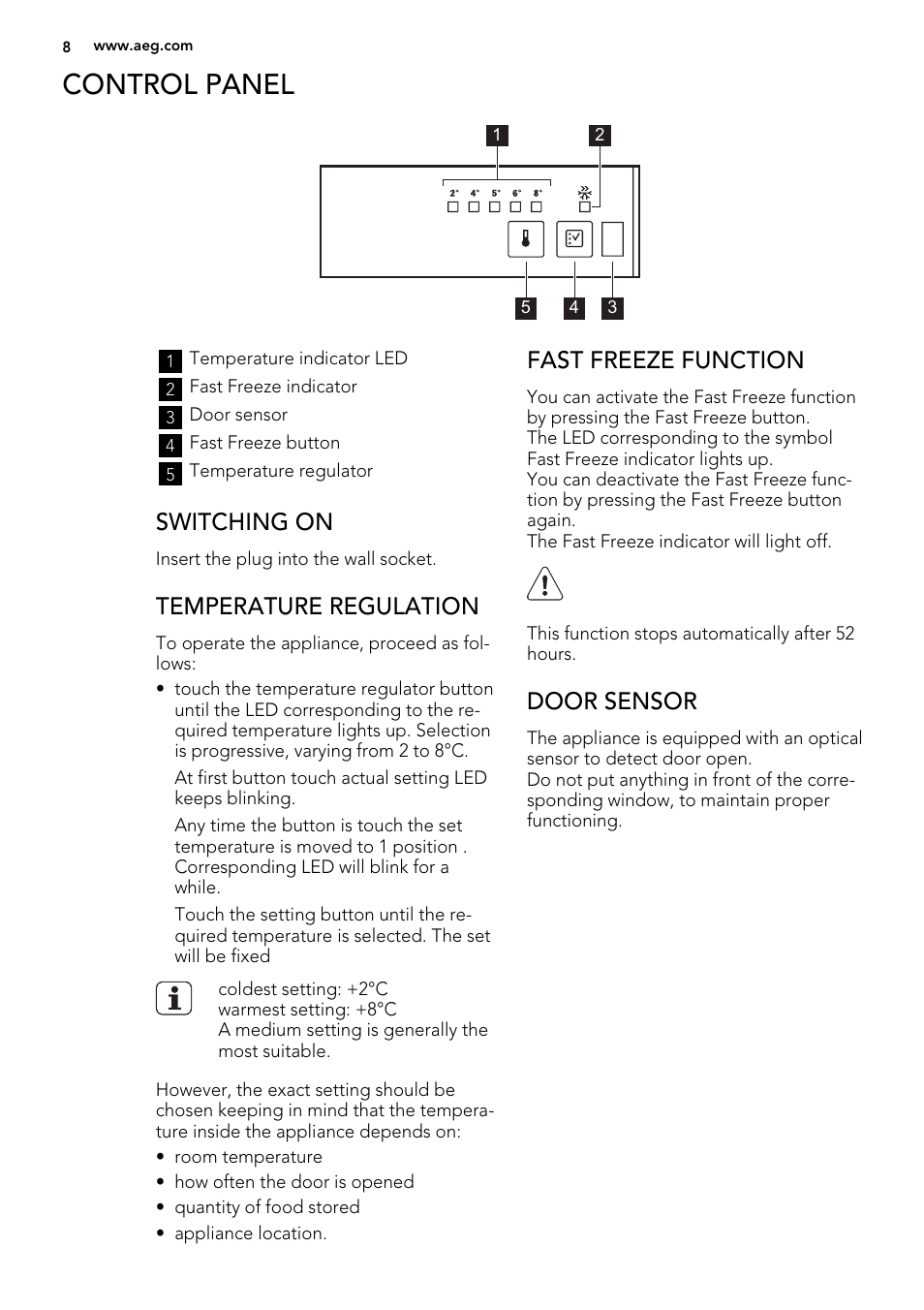 Control panel, Switching on, Temperature regulation | Fast freeze function, Door sensor | AEG S63300KDW0 User Manual | Page 8 / 24