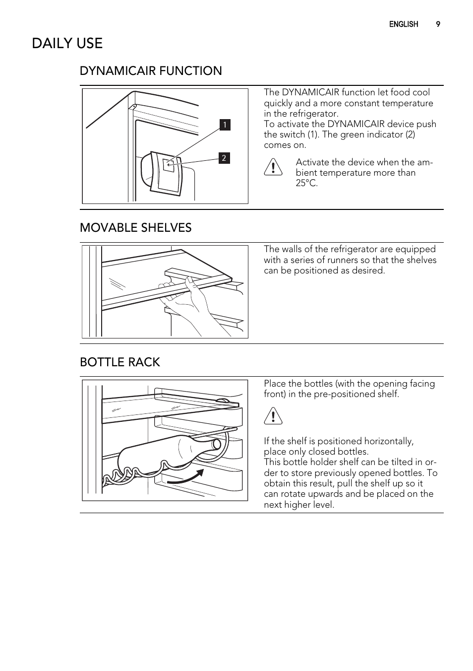 Daily use, Dynamicair function, Movable shelves | Bottle rack | AEG S63300KDW0 User Manual | Page 9 / 24