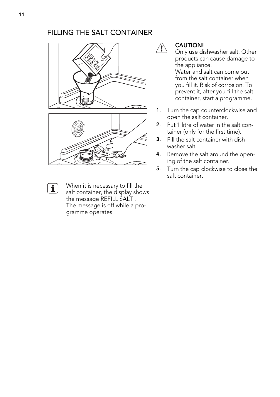 Filling the salt container | AEG FAVORIT 99015 VI User Manual | Page 14 / 24