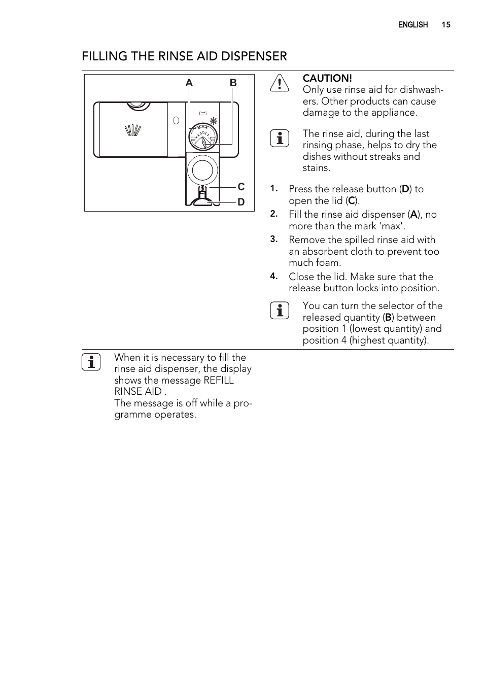 Filling the rinse aid dispenser | AEG FAVORIT 99015 VI User Manual | Page 15 / 24