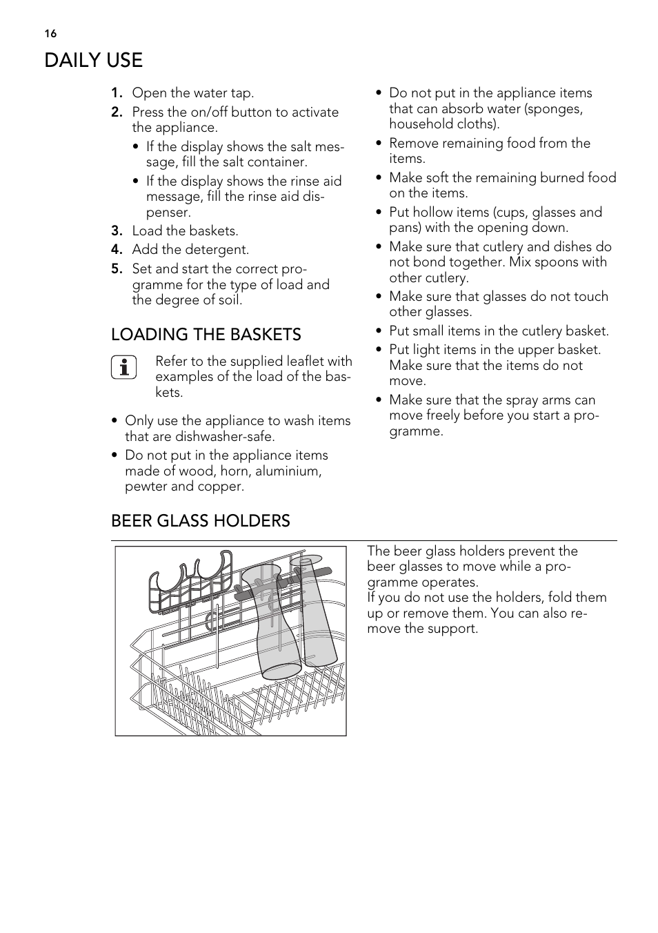 Daily use, Loading the baskets, Beer glass holders | AEG FAVORIT 99015 VI User Manual | Page 16 / 24