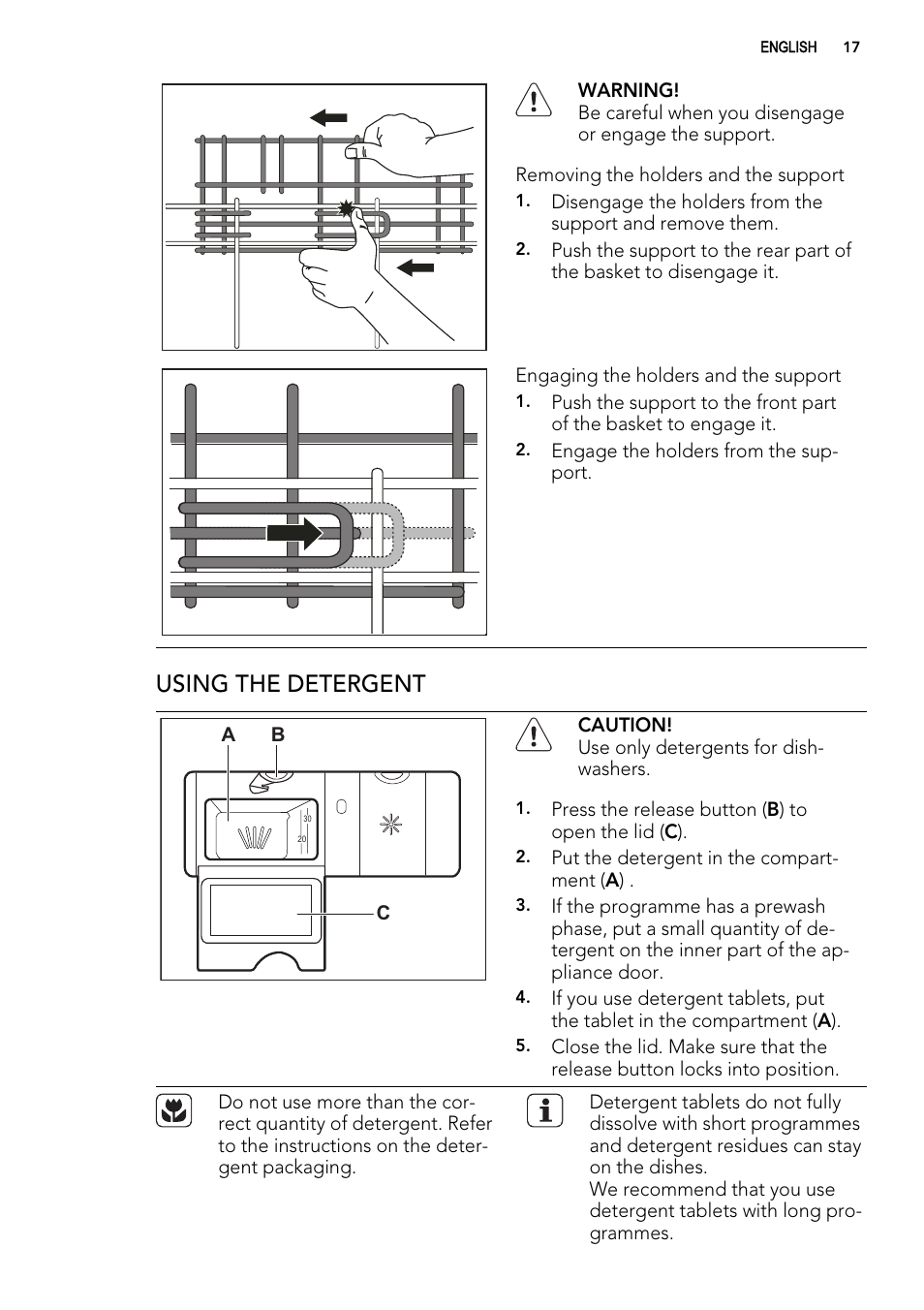 Using the detergent, Engage the holders from the sup- port, Put the detergent in the compart- ment ( a ) | AEG FAVORIT 99015 VI User Manual | Page 17 / 24