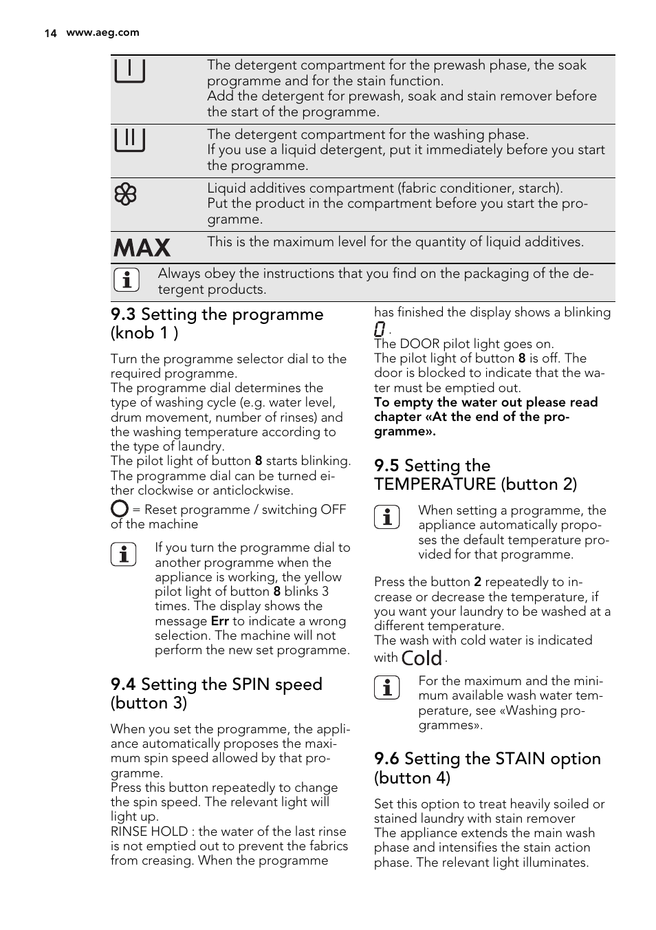 3 setting the programme (knob 1 ), 4 setting the spin speed (button 3), 5 setting the temperature (button 2) | 6 setting the stain option (button 4) | AEG L61271WDBI User Manual | Page 14 / 36