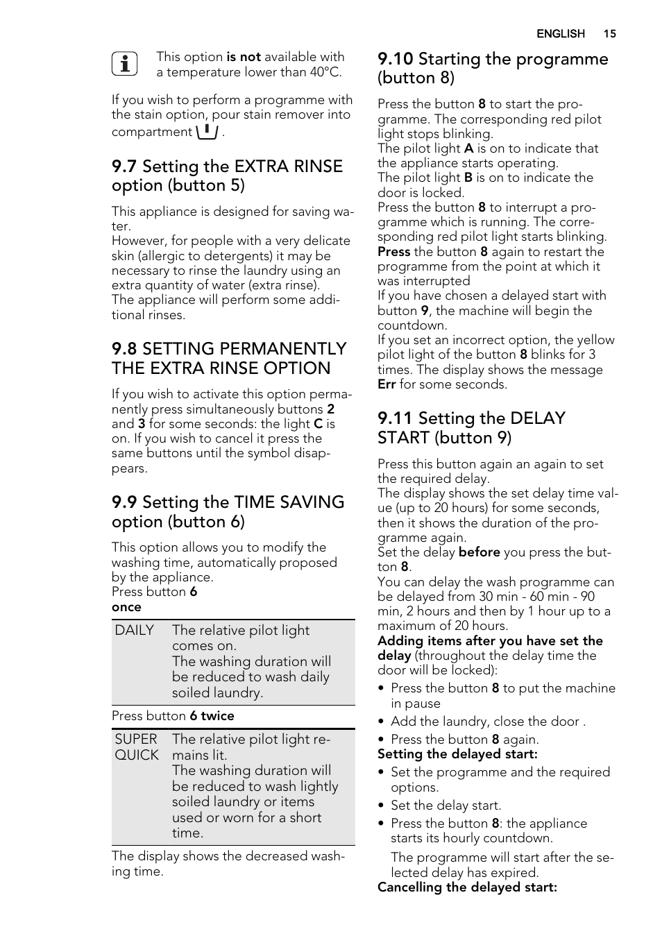 7 setting the extra rinse option (button 5), 8 setting permanently the extra rinse option, 9 setting the time saving option (button 6) | 10 starting the programme (button 8), 11 setting the delay start (button 9) | AEG L61271WDBI User Manual | Page 15 / 36