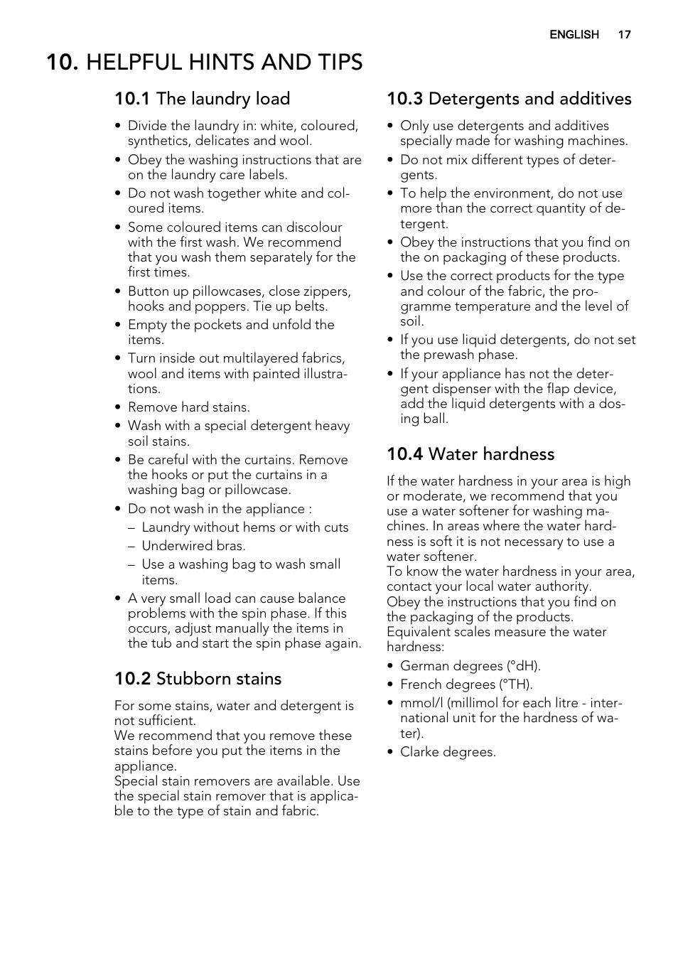 Helpful hints and tips, 1 the laundry load, 2 stubborn stains | 3 detergents and additives, 4 water hardness | AEG L61271WDBI User Manual | Page 17 / 36