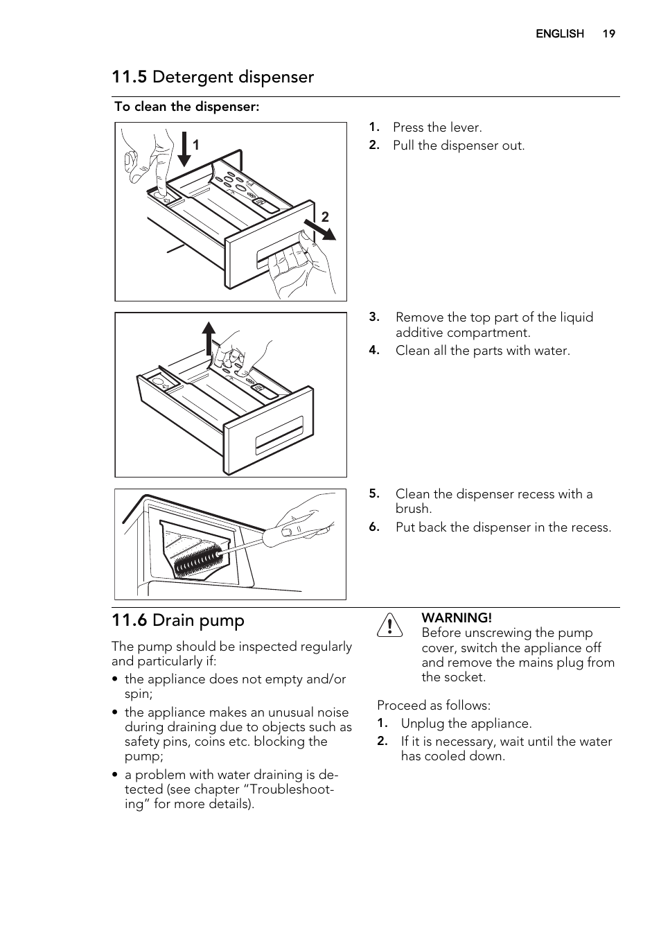 5 detergent dispenser, 6 drain pump | AEG L61271WDBI User Manual | Page 19 / 36