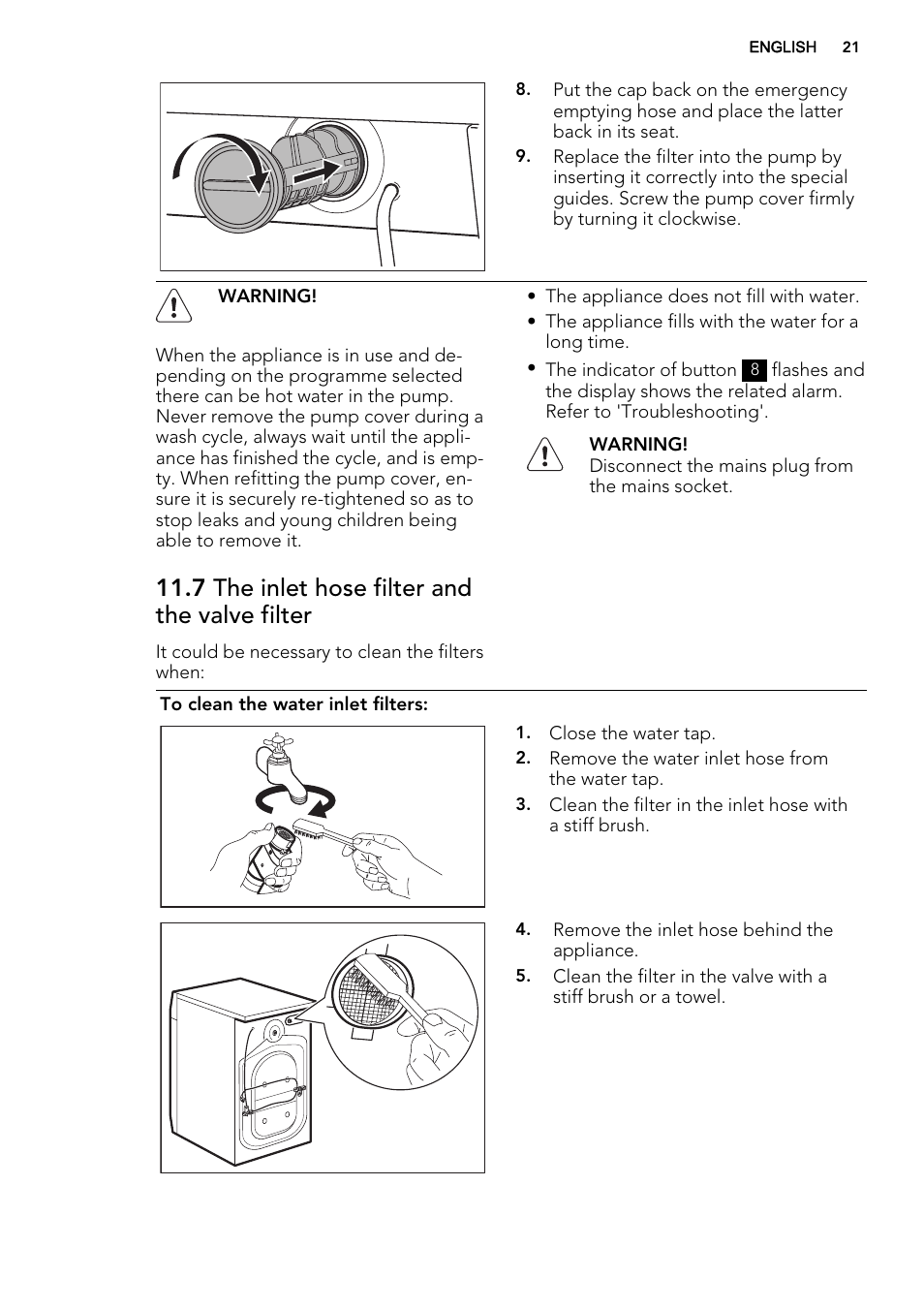 7 the inlet hose filter and the valve filter | AEG L61271WDBI User Manual | Page 21 / 36