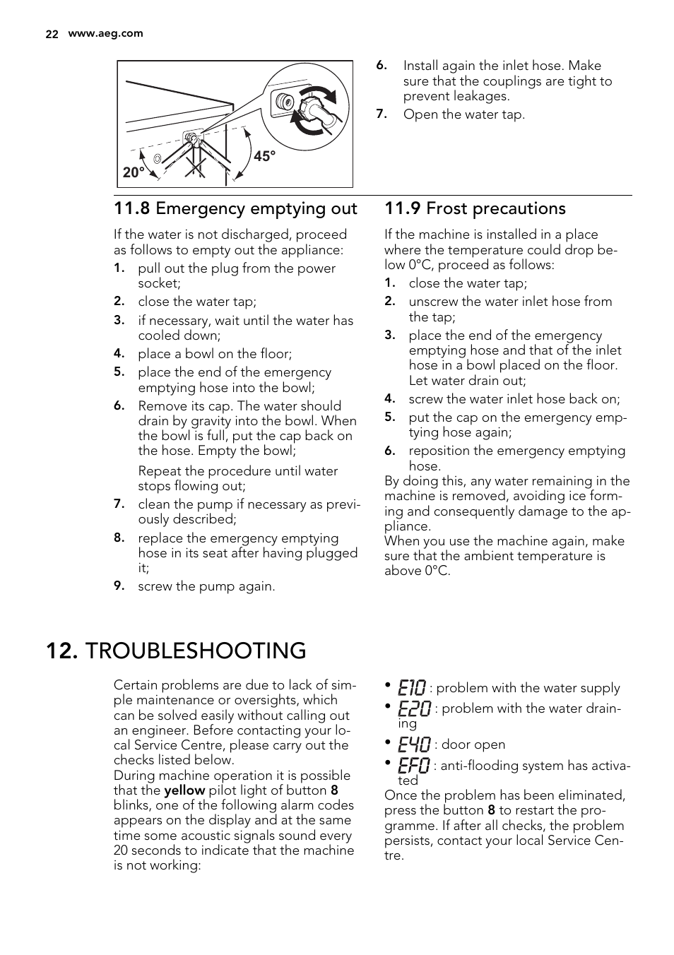 Troubleshooting, 8 emergency emptying out, 9 frost precautions | AEG L61271WDBI User Manual | Page 22 / 36