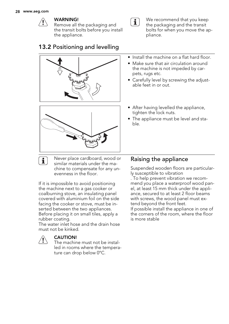 2 positioning and levelling, Raising the appliance | AEG L61271WDBI User Manual | Page 28 / 36