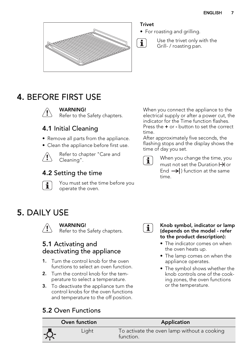Before first use, Daily use, 1 initial cleaning | 2 setting the time, 1 activating and deactivating the appliance, 2 oven functions | AEG BP5304001M User Manual | Page 7 / 32