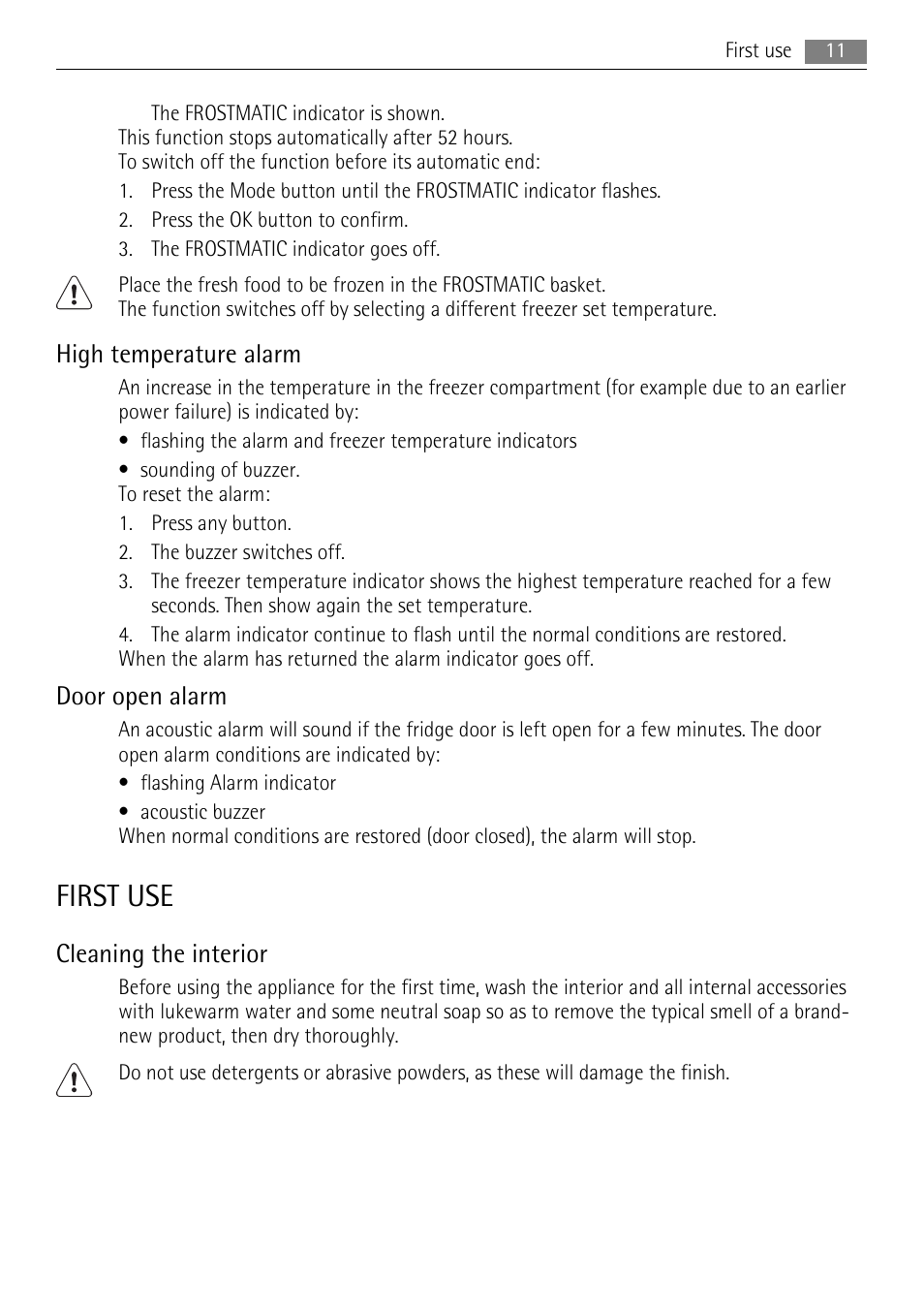 First use, High temperature alarm, Door open alarm | Cleaning the interior | AEG S73400CTS1 User Manual | Page 11 / 28