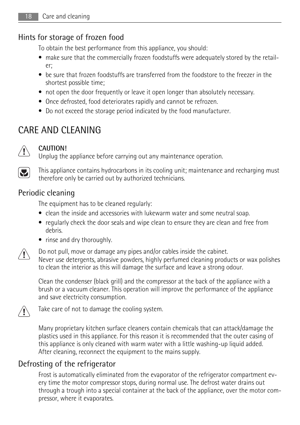 Care and cleaning, Hints for storage of frozen food, Periodic cleaning | Defrosting of the refrigerator | AEG S73400CTS1 User Manual | Page 18 / 28