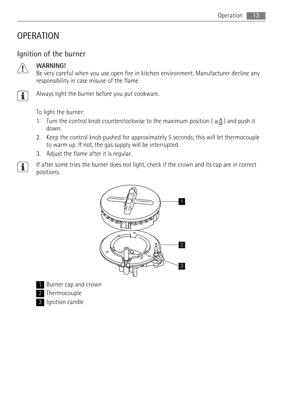 Operation, Ignition of the burner | AEG HG755420UM User Manual | Page 13 / 24